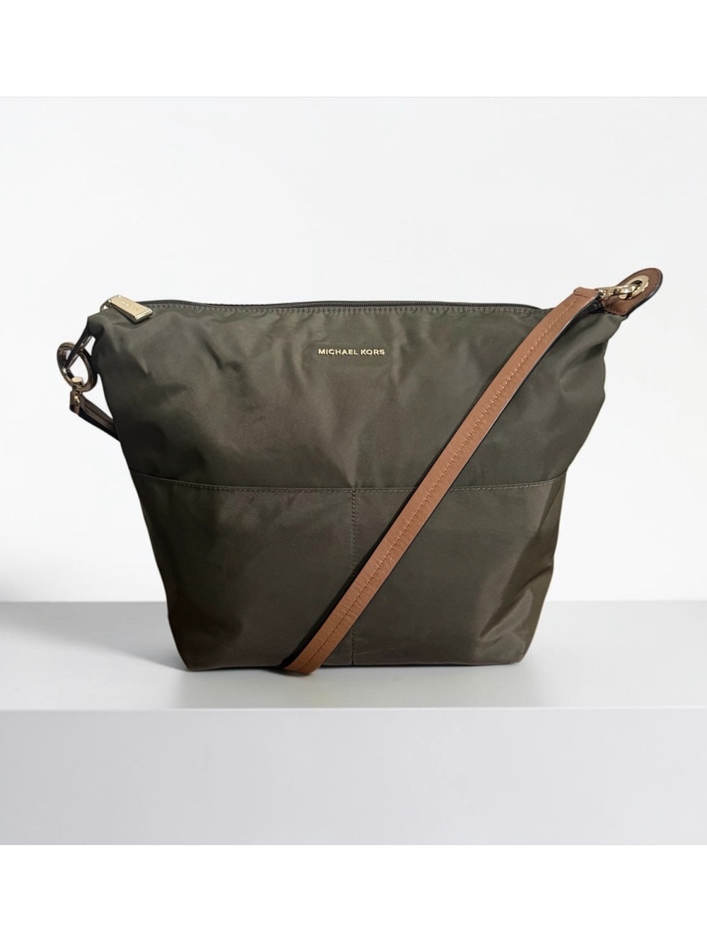 MICHAEL KORS Olive Green Nylon Crossbody with Tan Leather Strap